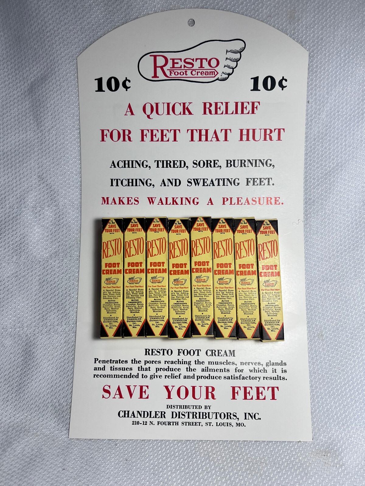 Vtg Resto Foot Cream 8 Empty Packs On Display Point Of Sale Board Chandler Dist.