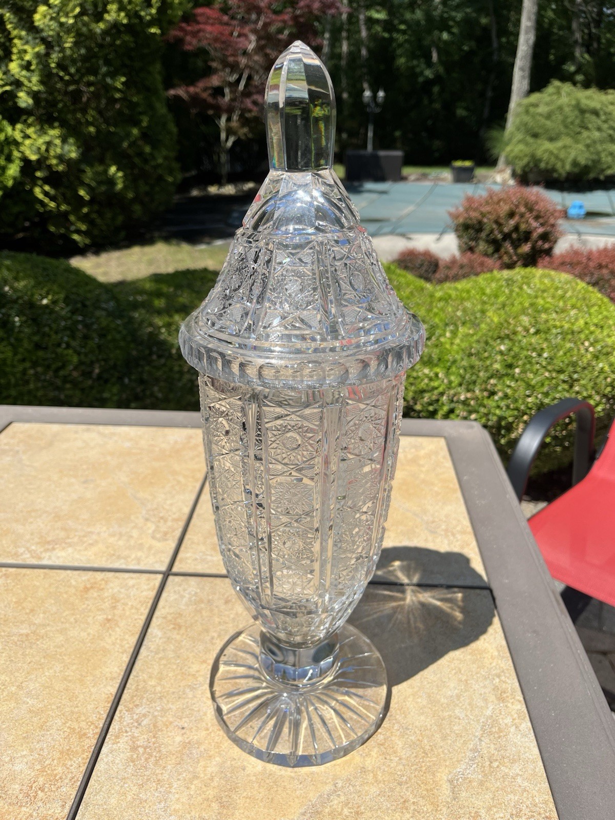 Stunning Vintage Tall Pedestal Countertop Cut Glass Jar Candy Display – 8lbs