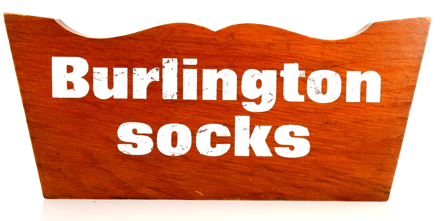 Burlington Socks Store Wood Counter Sign Vintage – Missing Pole, 12″ Wide