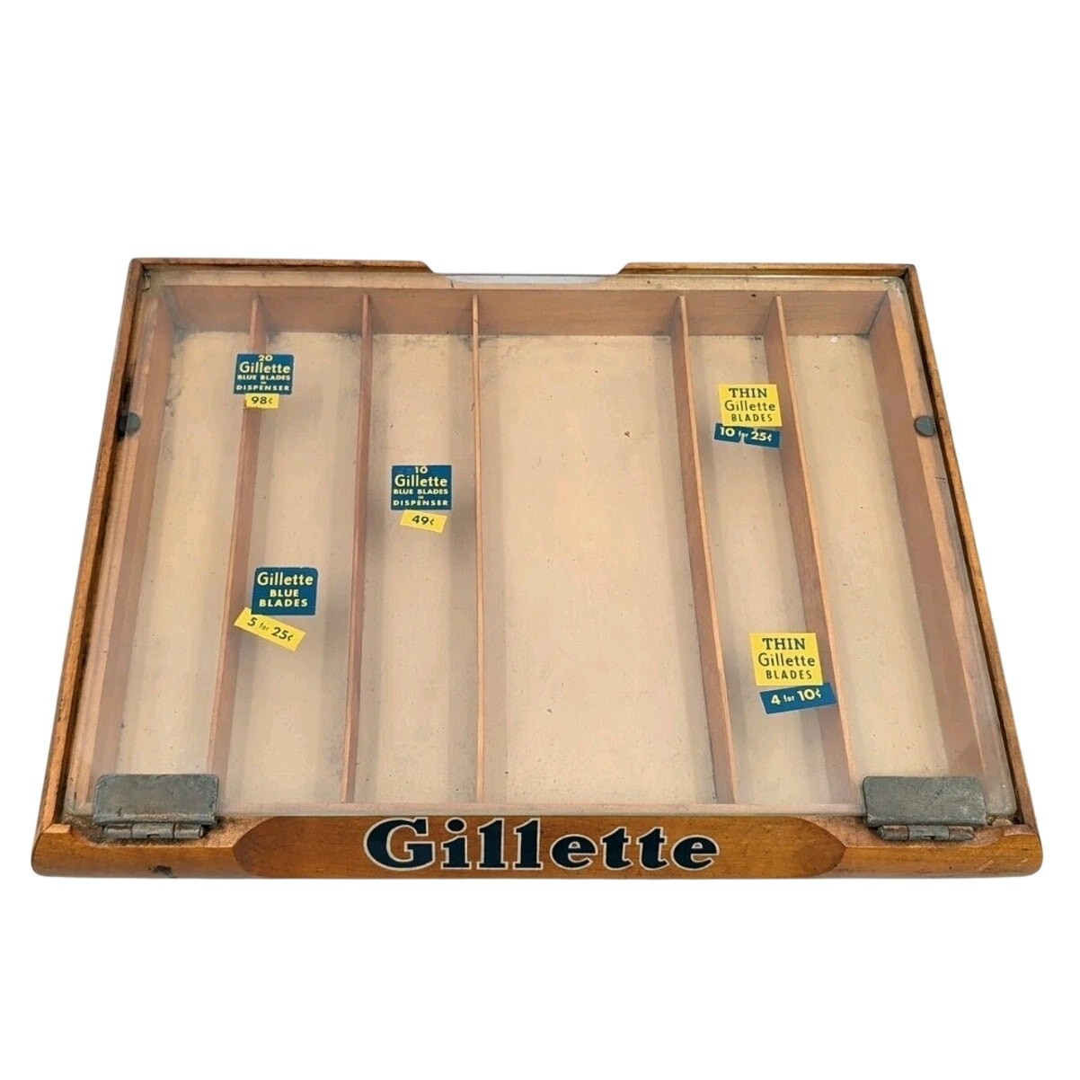 Gillette Razor Blades Wooden Store Counter Top Display Case Glass Top 1940’s