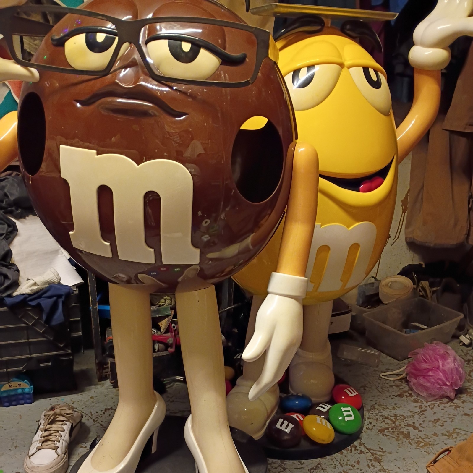 VTG Yellow M&M Candy Store Display Character w/Storage Tray Rolling Wheels 46″
