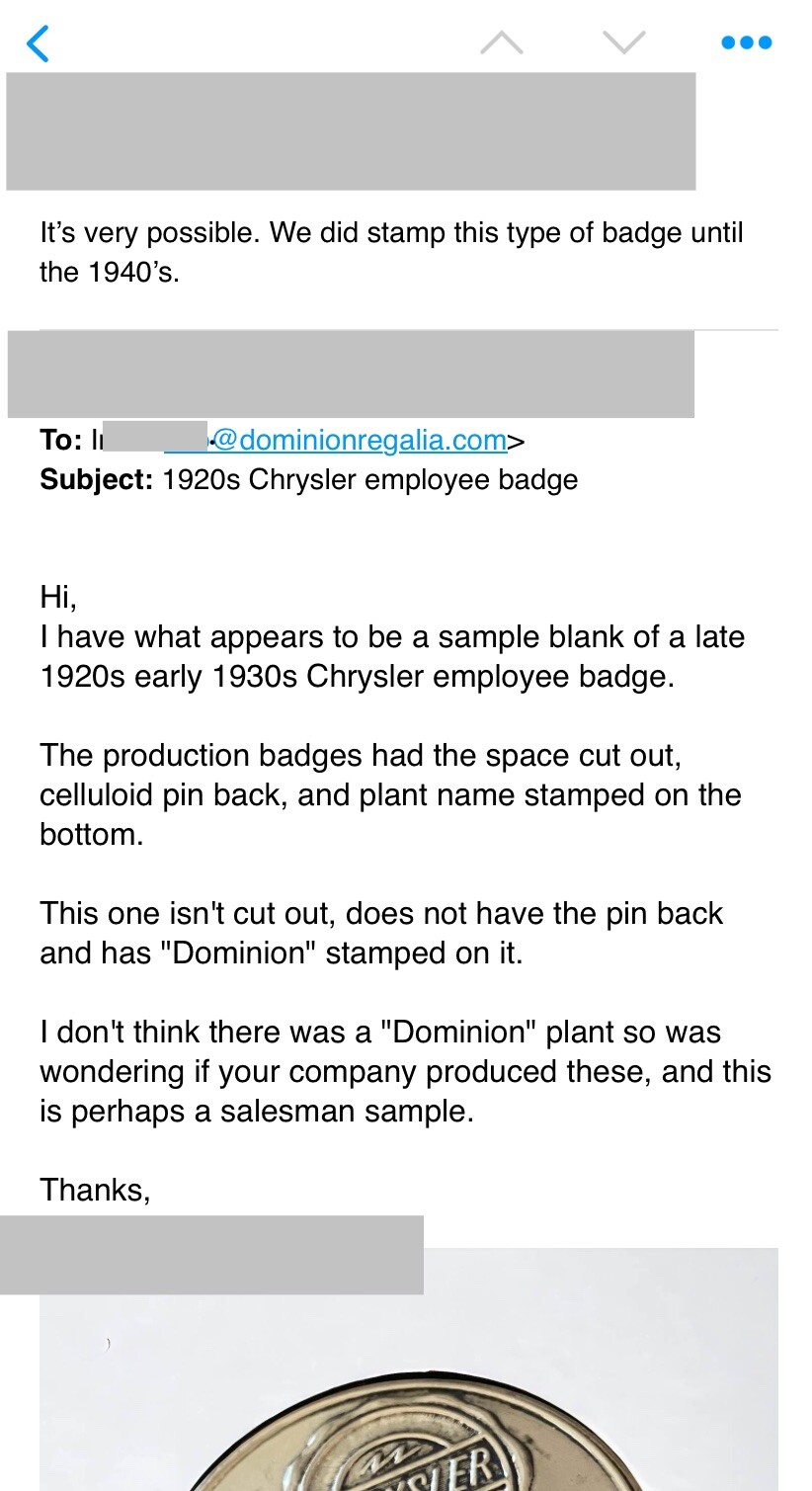 1920’s Chrysler Plant Employee Badge Blank Pos Salesman Sample Dominion Regalia