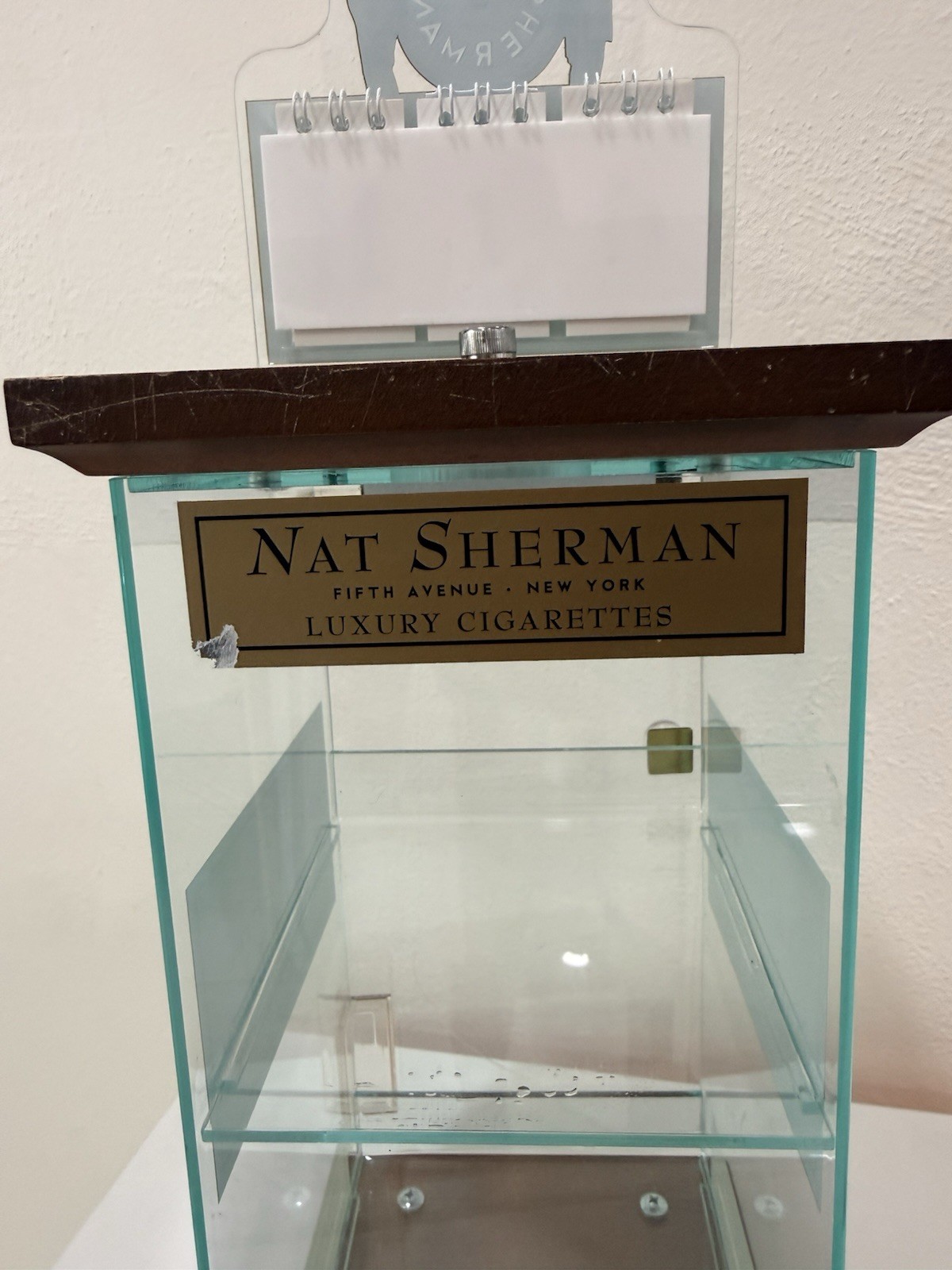 Vintage Nat Sherman Luxury Cigarettes Acrylic Counter Display Case Wood Base