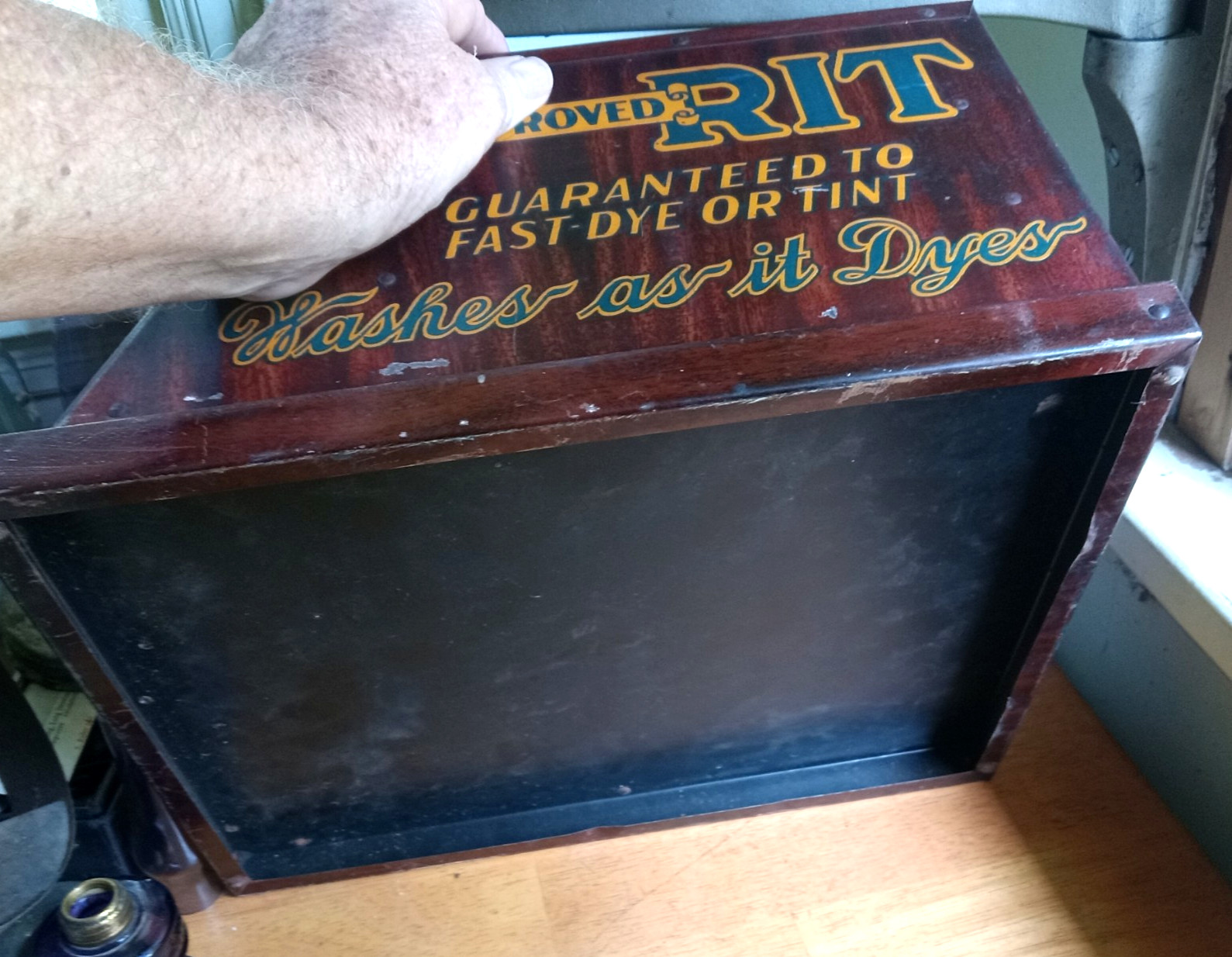 ANTIQUE RIT DYE METAL STORE COUNTER DISPLAY BOX WITH MIRROR “NEVER SAY DYE” NICE