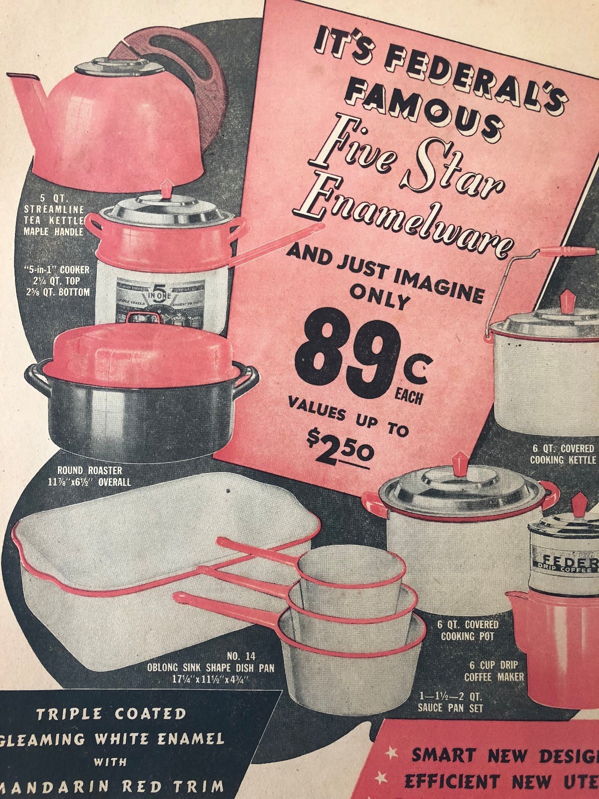 Federal’s Five Star ENAMELWARE Pots Pans Store Display SIGN Advertising VINTAGE