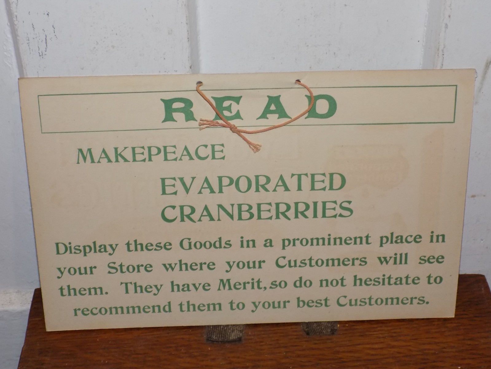 Vintage Makepeace Evaporated Cranberries Cardboard Hanger Store Sign