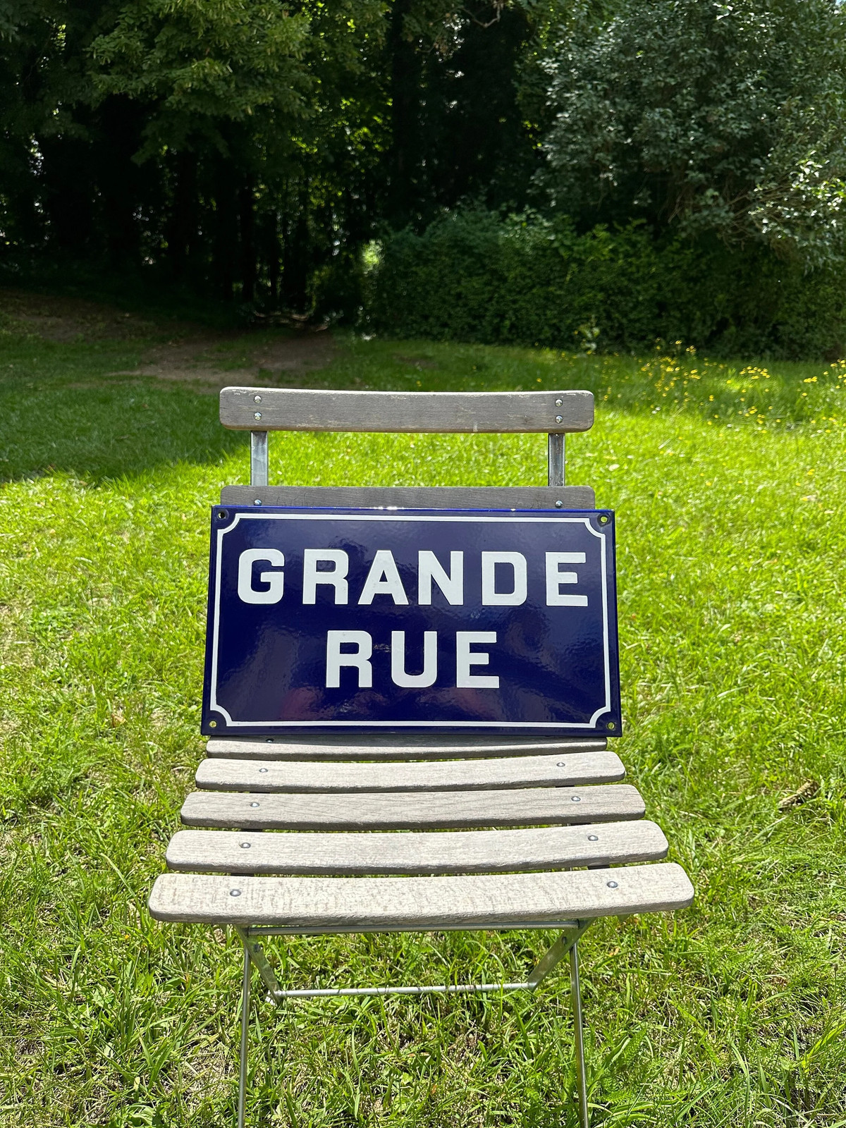 Vintage French City Street Sign “GRANDE RUE” in Blue Enamelled Sheet Metal