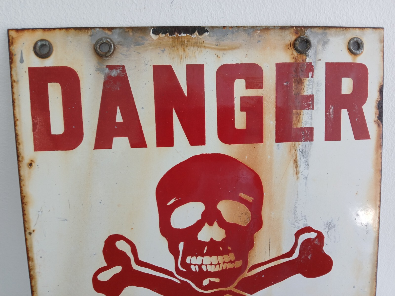 ENGLISH SIGN DANGER DANGER SIGN metal and porcelain enameled 1950s with skull