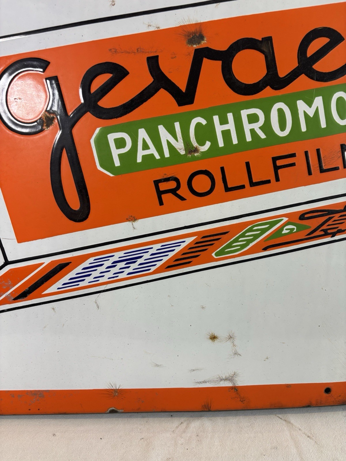 Large ANCIENT ENAMEL SIGN: GEVAERT FILM – PANCHROMOSA 107×57.5cm