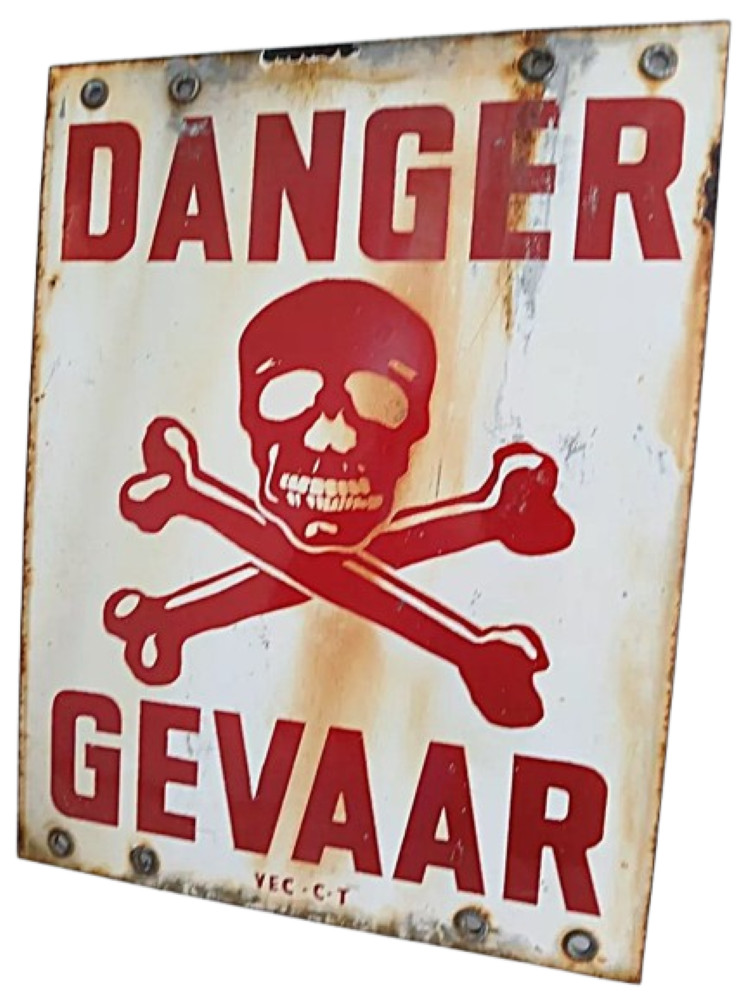 ENGLISH SIGN DANGER DANGER SIGN metal and porcelain enameled 1950s with skull