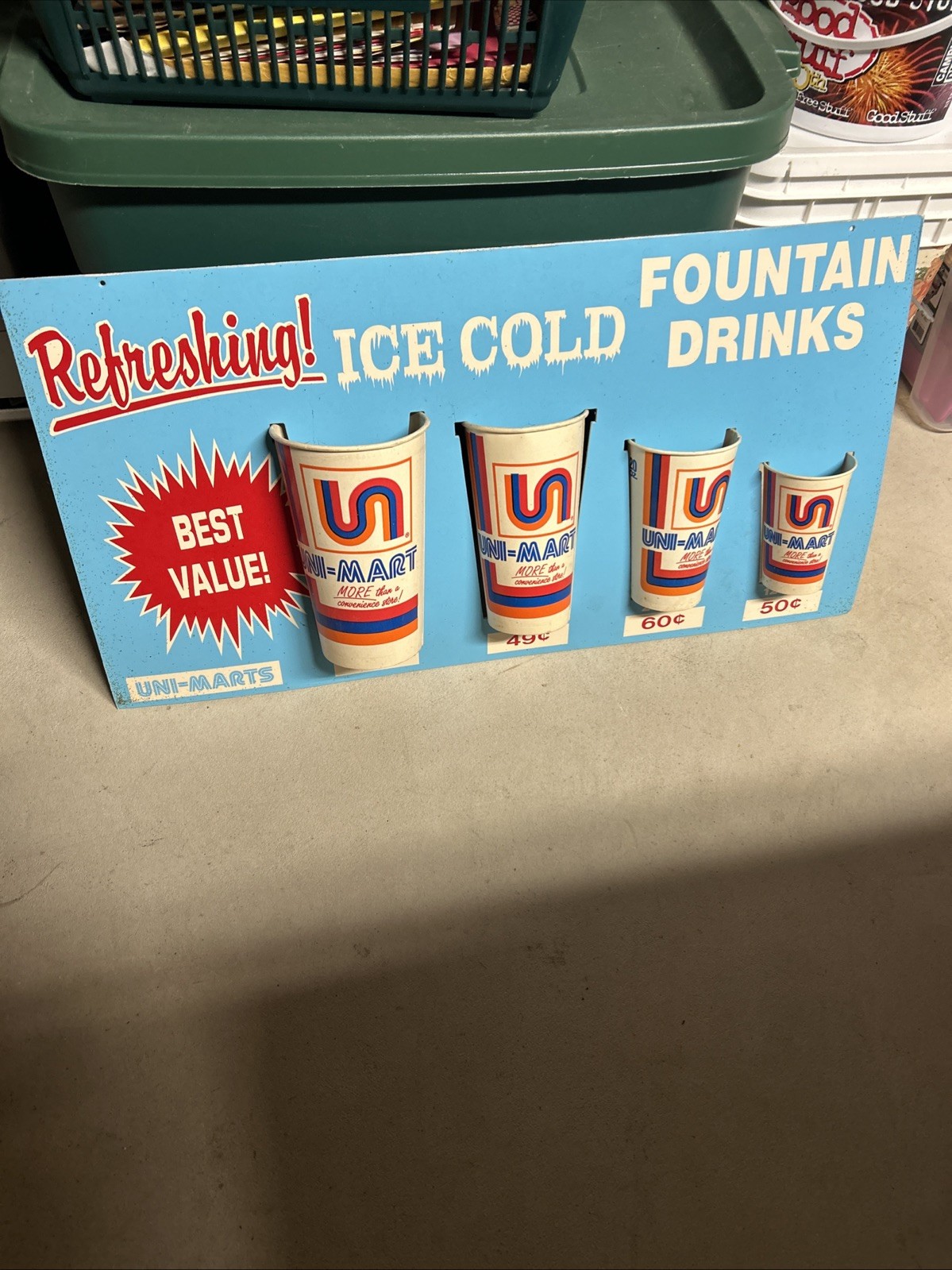 Vintage 1980s Uni-Mart Convenience Store Fountain Soda Cup Size Display Sign