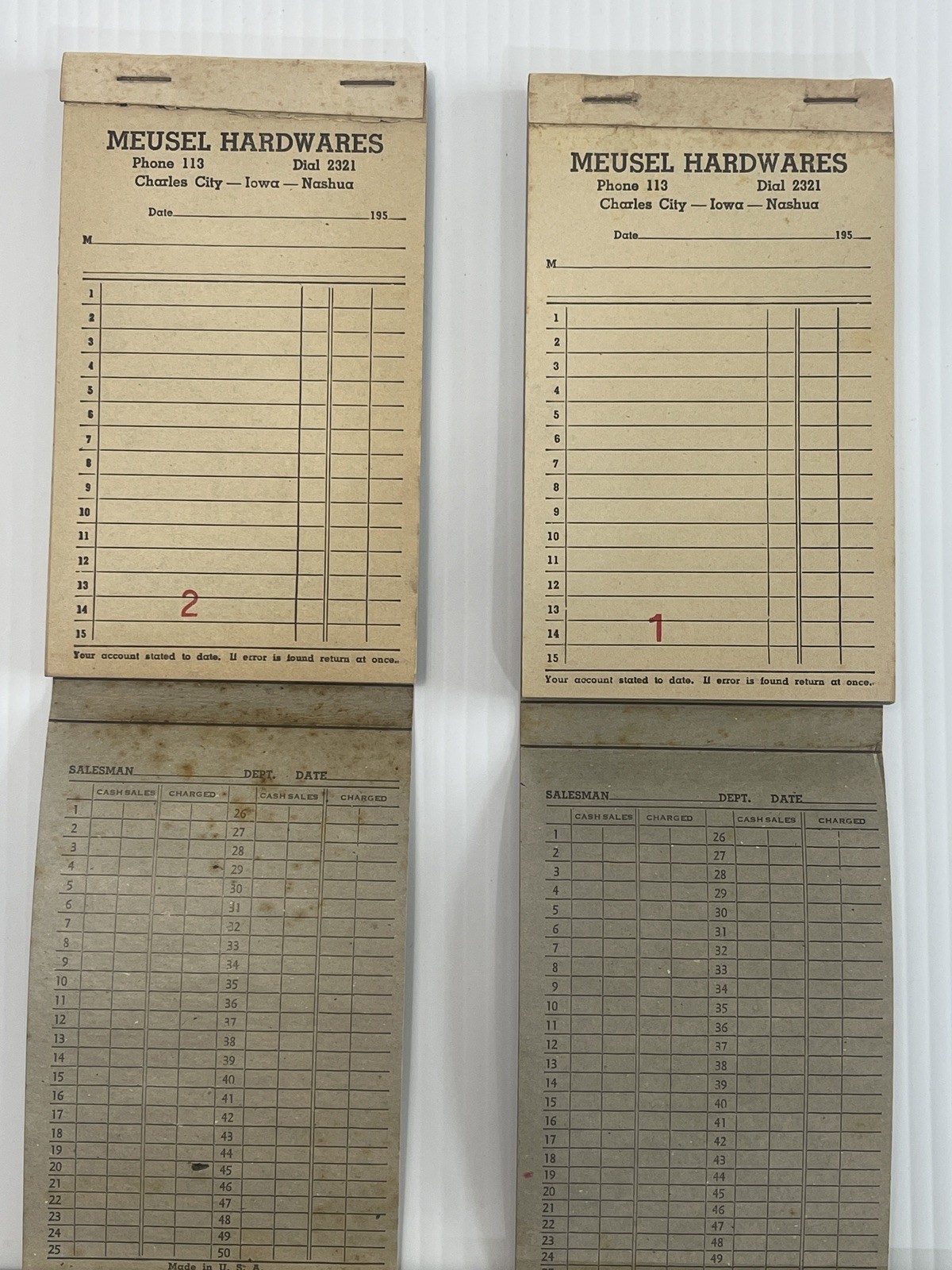 VTG Charles City Nashua Iowa Meusel Hardwares Receipt Book Advertising Lot Of 2