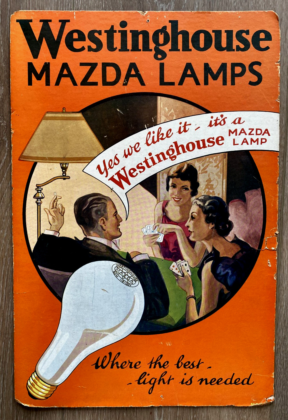 1920’s Westinghouse Mazda Lamps Cardboard Advertising Display Easel Sign 18 x 12