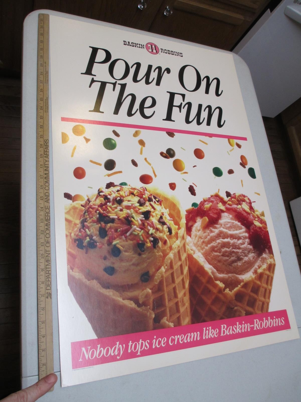 Baskin Robbins ice cream 1986 POUR ON FUN waffle cone sprinkles M&Ms sign 2S-3X