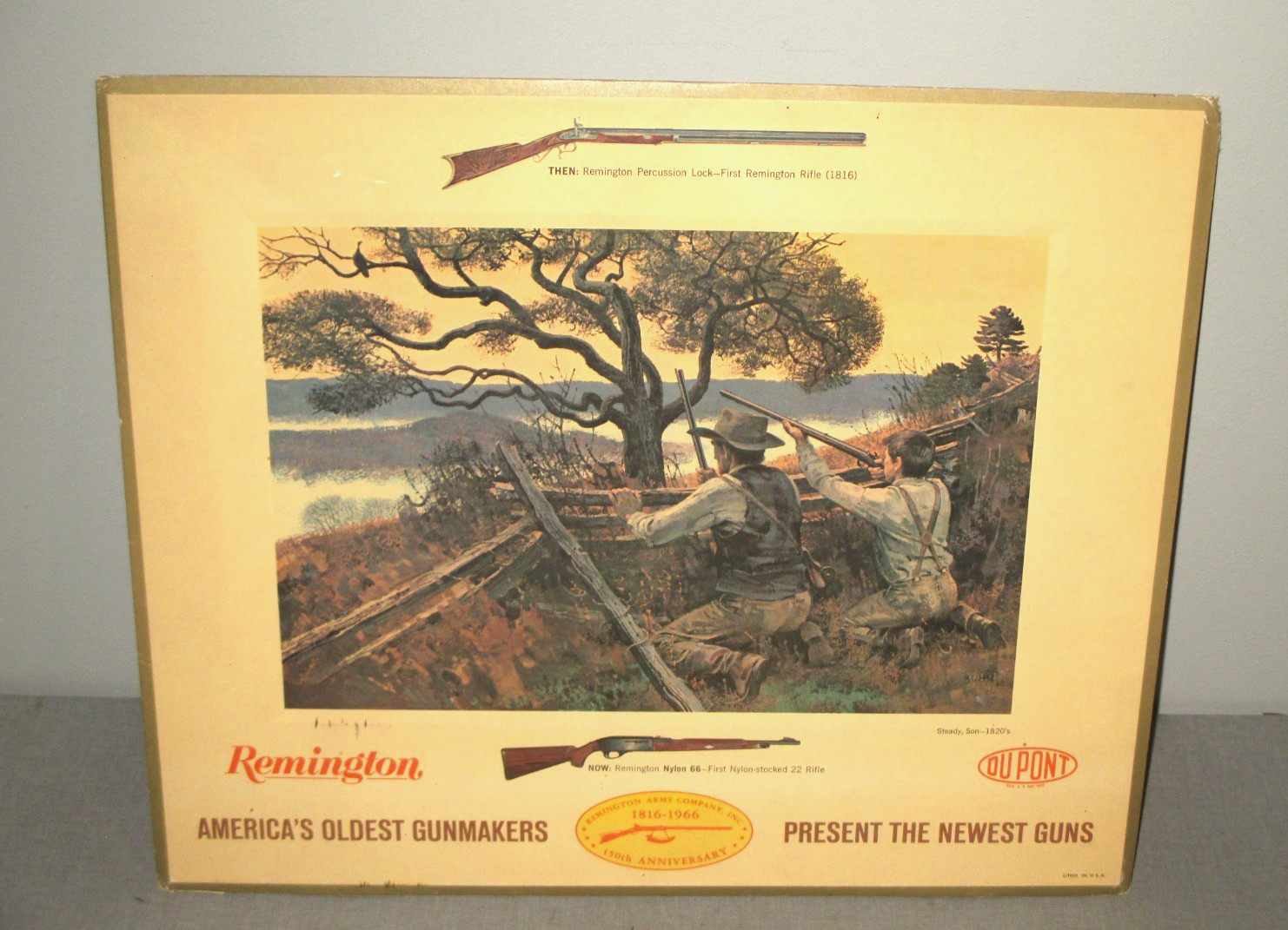 1966- REMINGTON ARMS DU PONT-STORE DISPLAY EASEL BACK-UN-USED- STEADY SON-1820’S