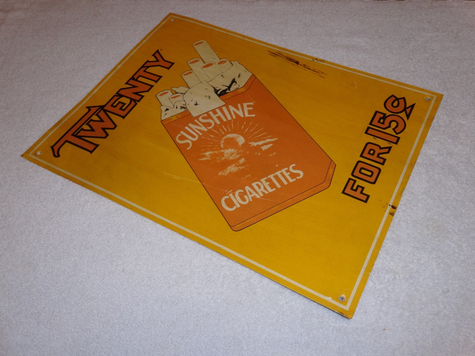 VINTAGE TWENTY SUNSHINE CIGARETTES FOR 15 CENTS 18″ X 13 3/4″ METAL TOBACCO SIGN