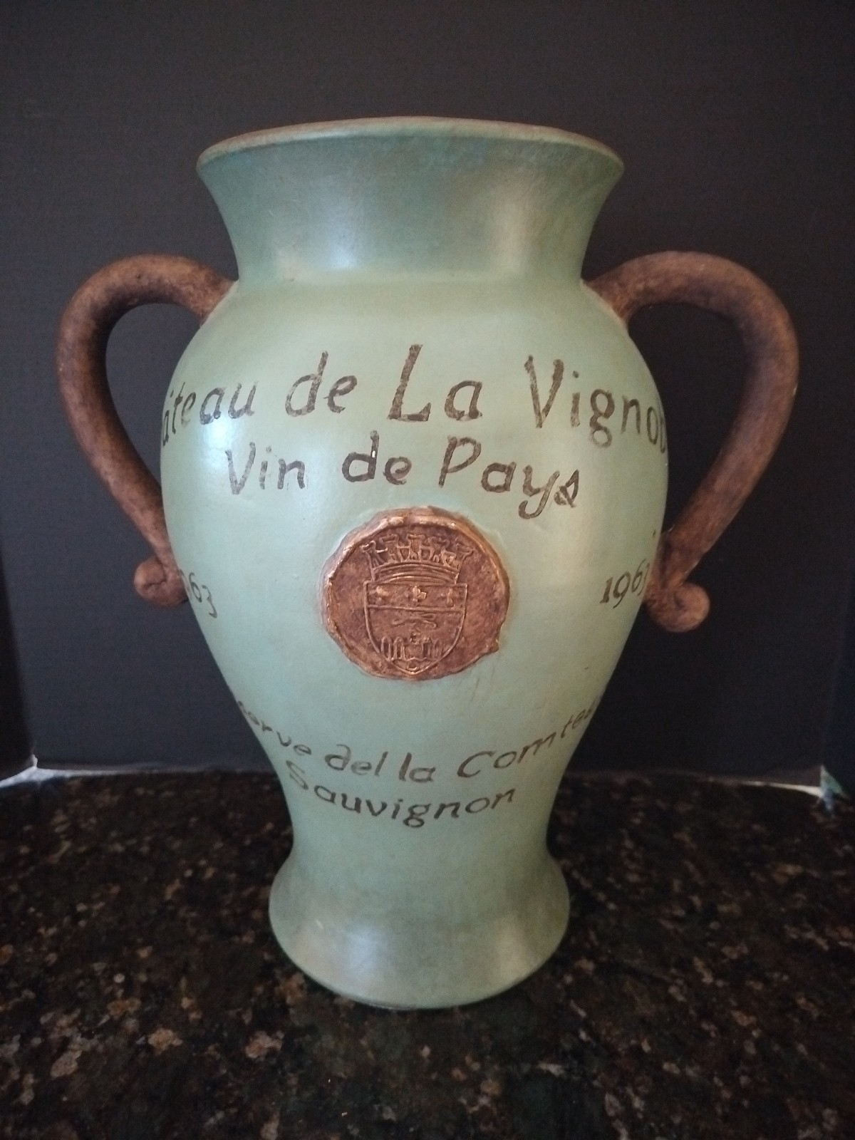 Vignoble display french wine 🍷 champagne pottery jar floor vase sign art 16.5″
