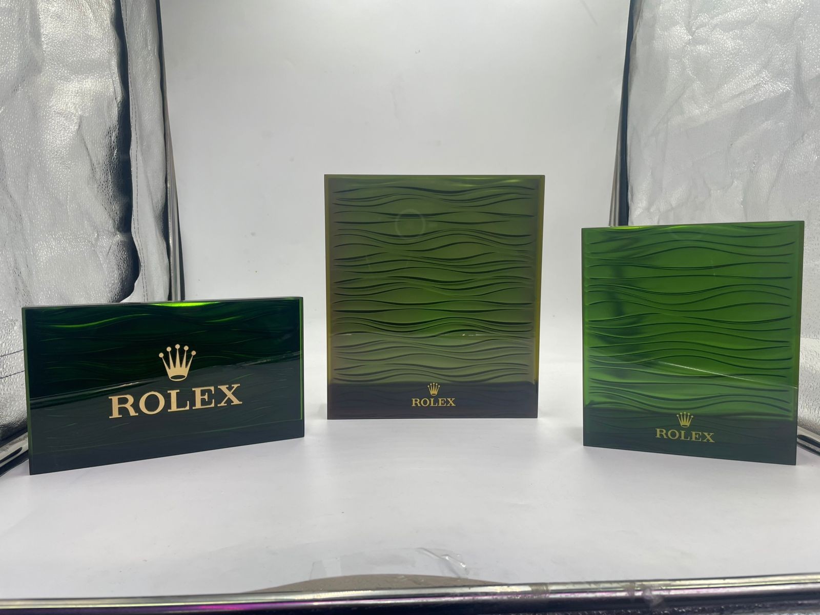 Rolex Store Acrylic Green Waves Displays 3pc Set