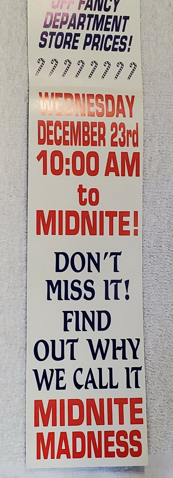 Vintage 1970’s Midnight Madness 34″ Display Advertising Sign Sales Shop Banner