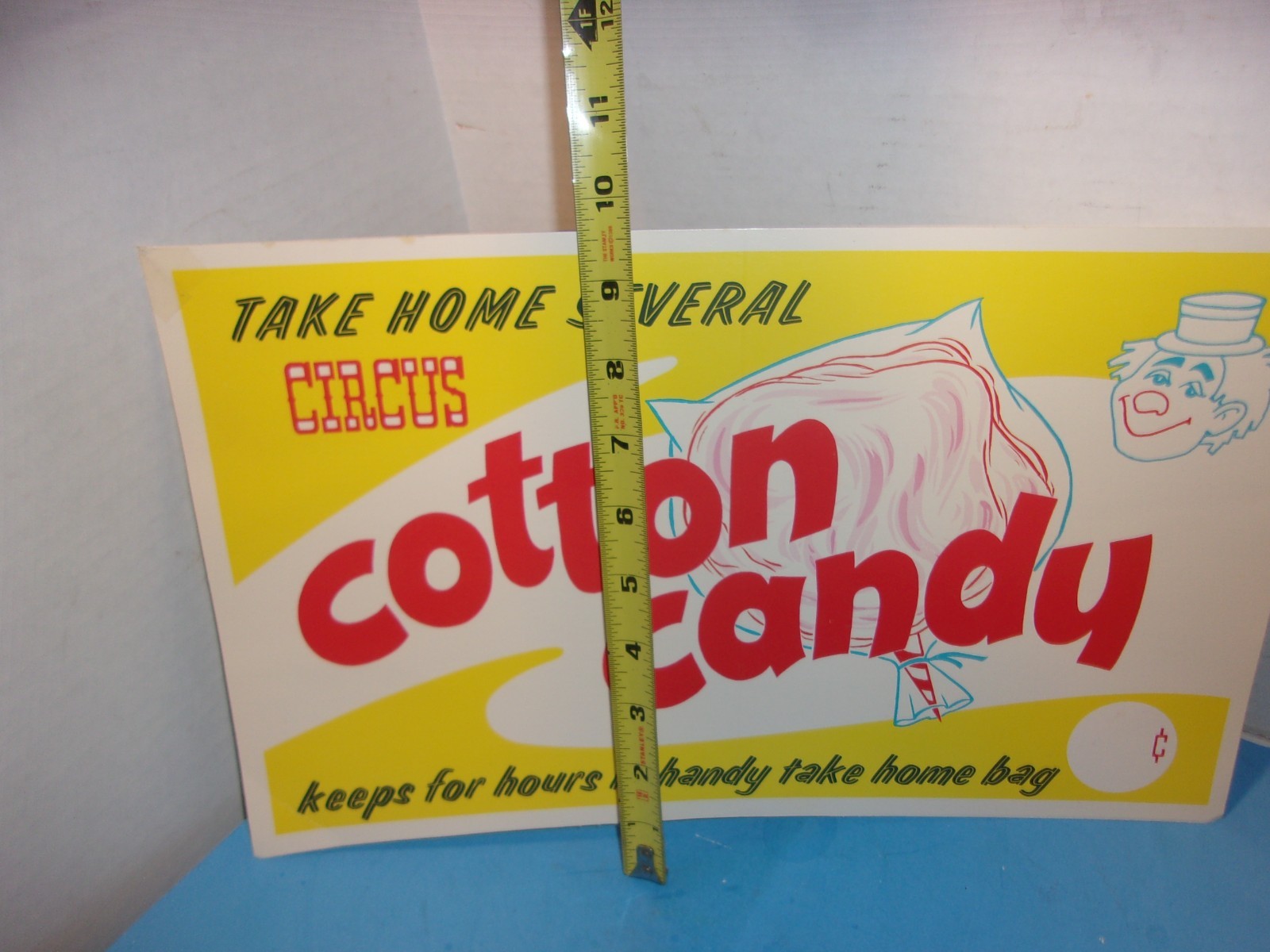 Vintage CIRCUS COTTON CANDY Cardboard 15″ vendor advertising SIGN w/ CLOWN