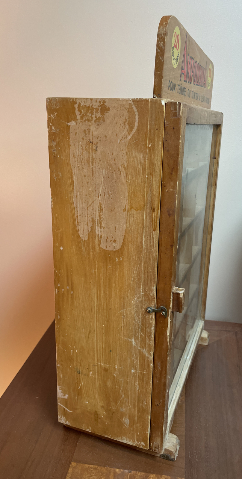 Early Circa 1930’s Ampollina Dyes Wooden Store Display Cabinet, Glass Front