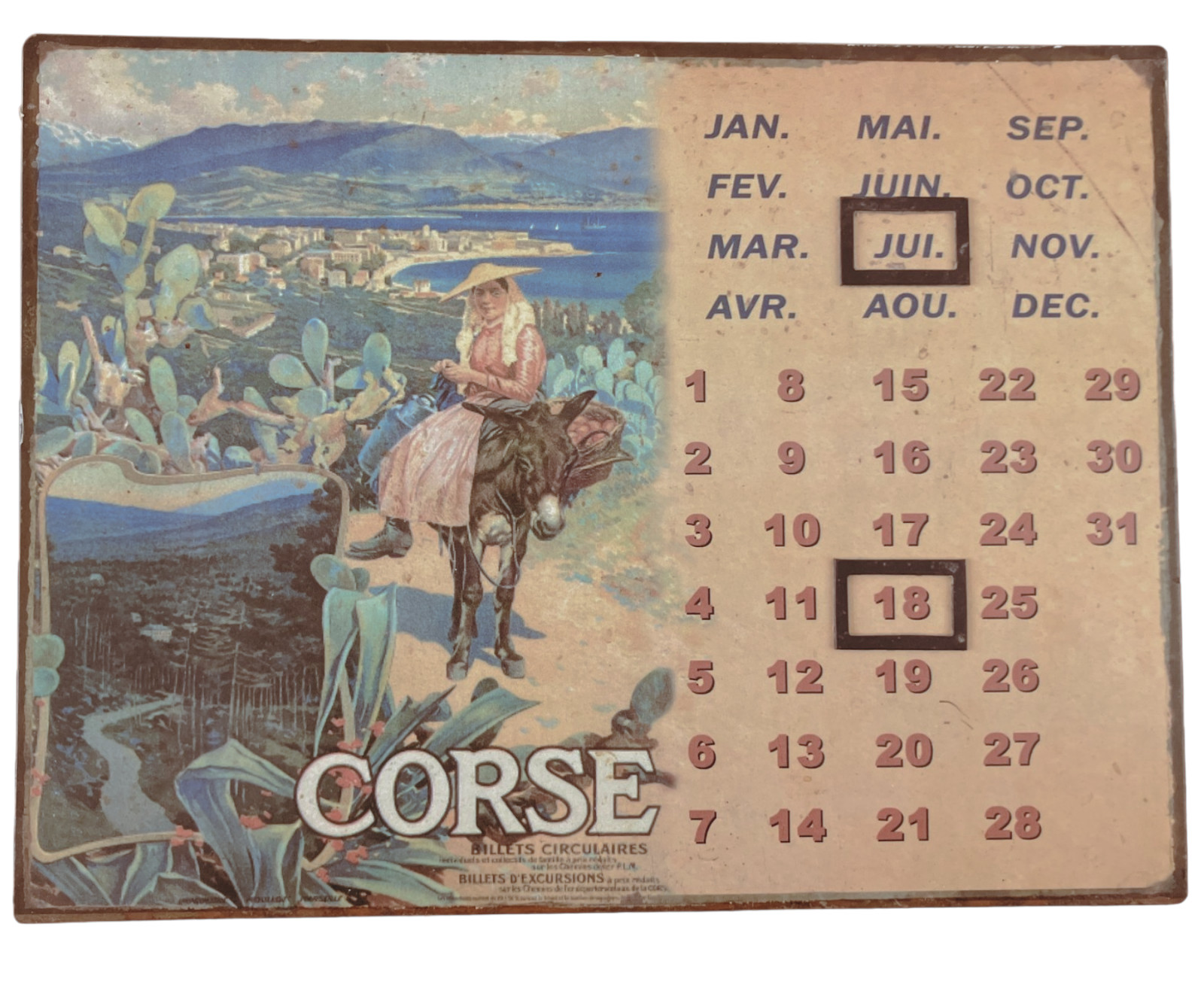 PLM Corsica Railway Calendar Metal Sign 1920s French Travel Poster Vintage