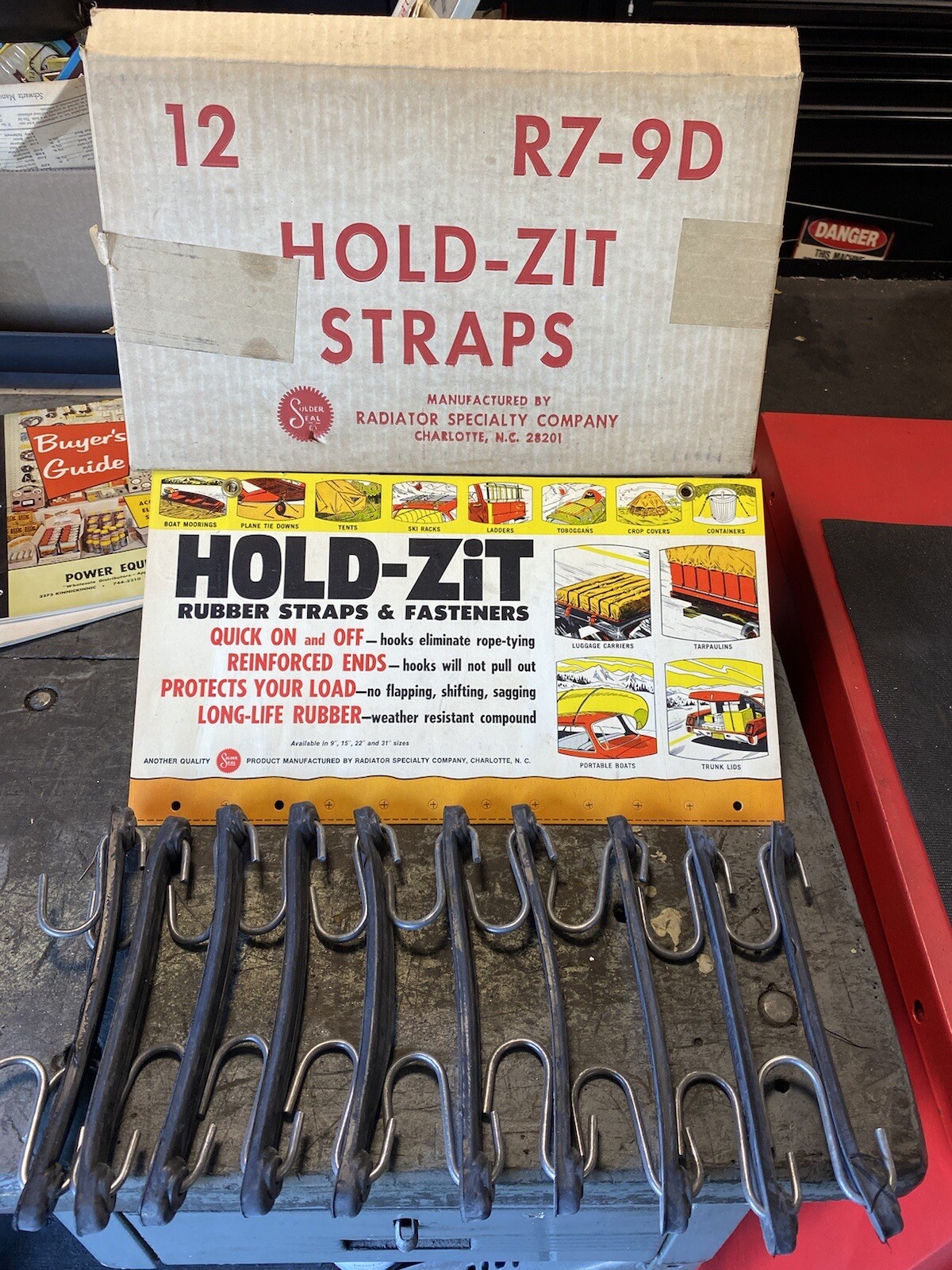 vintage advertising display hold zit straps NOS With Bungees (garage Oil Sign)