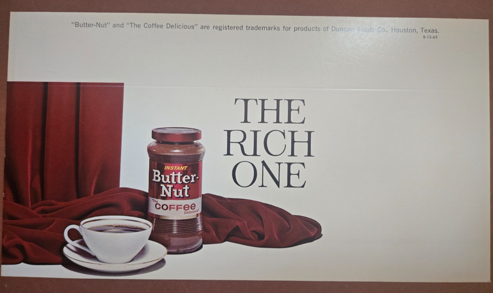 1965 Butter-Nut Coffee “The Rich One” Cardboard Store Display Sign NOS