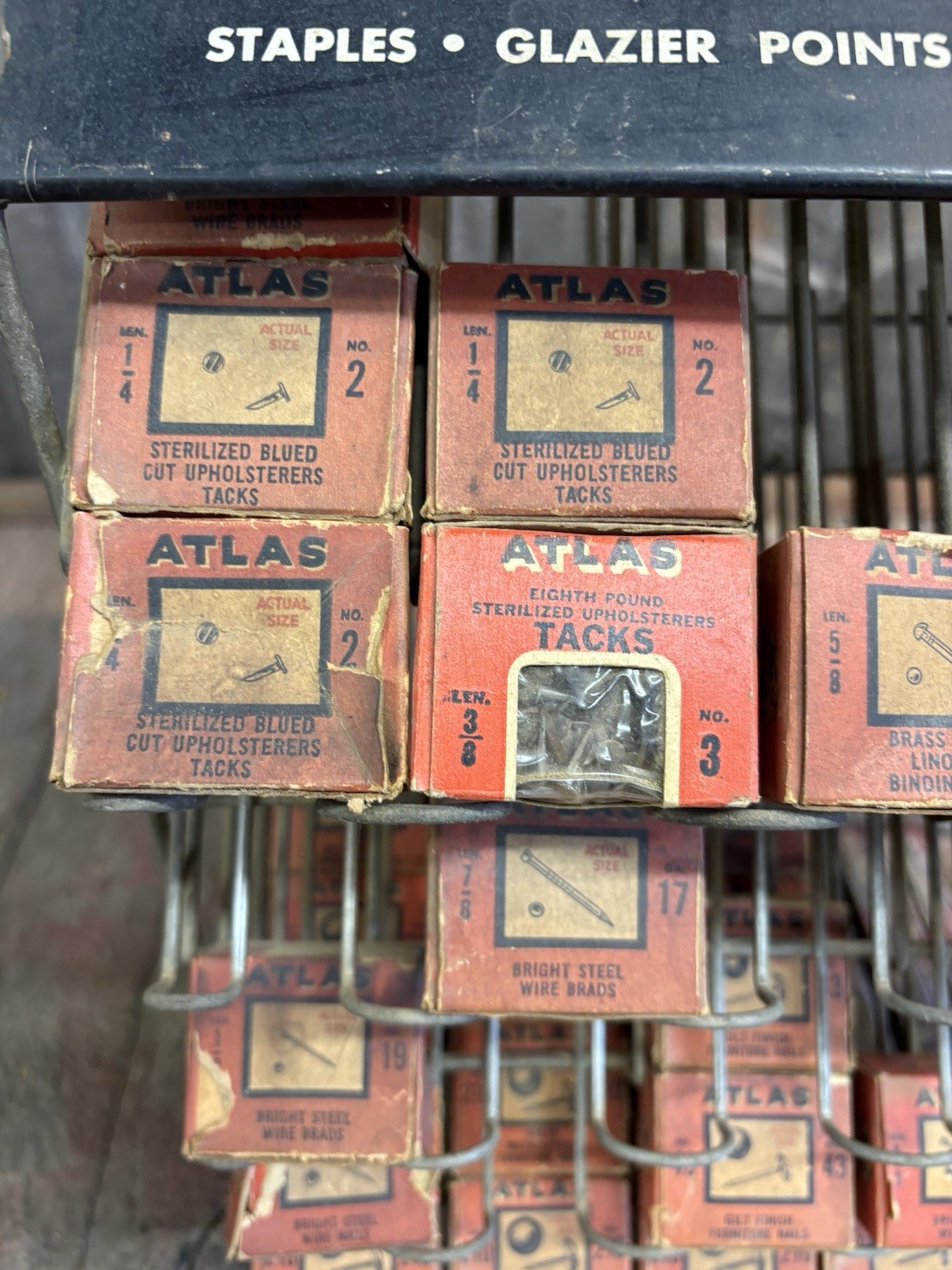 Vintage 60s Hardware Store Atlas Tack & Nail Rack Countertop Display With Boxes
