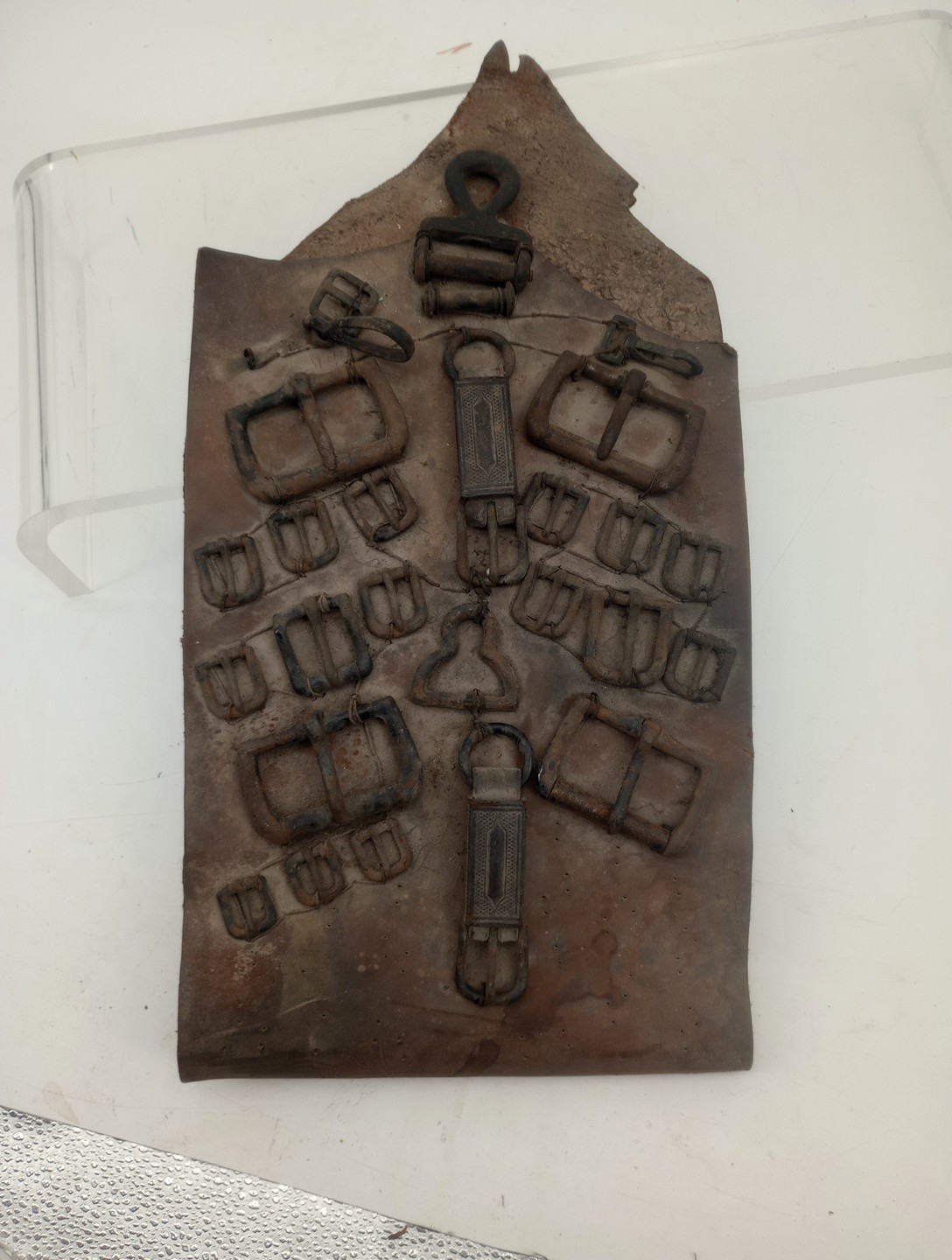 ANTIQUE VINTAGE Mom Pop Store Display Of HORSE Farming Buckles On Leather Scrap