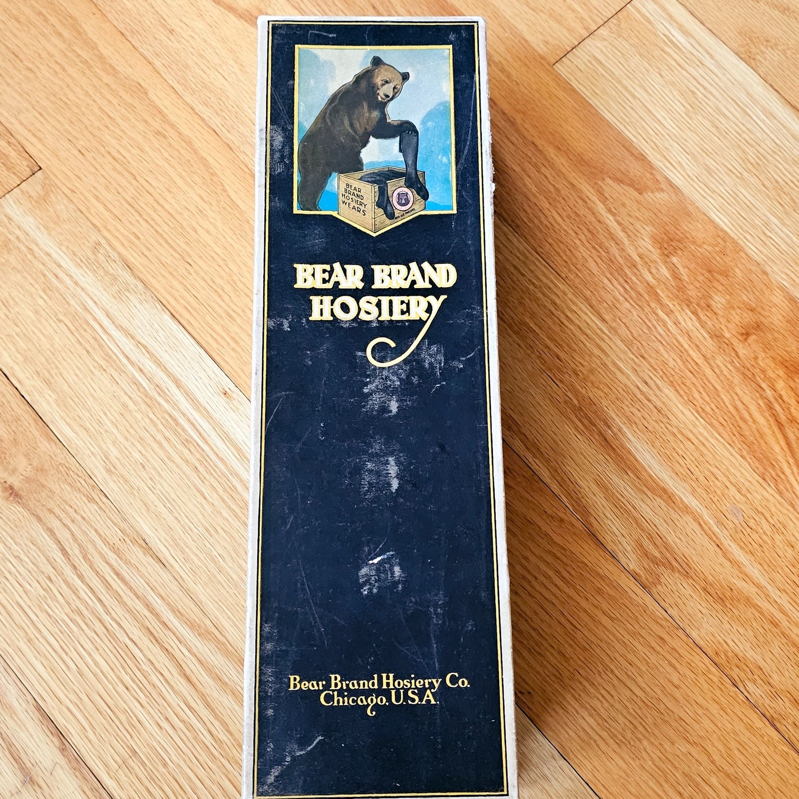 Vintage Bear Brand Hosiery Box Long Life Stockings Black Cardboard Packaging