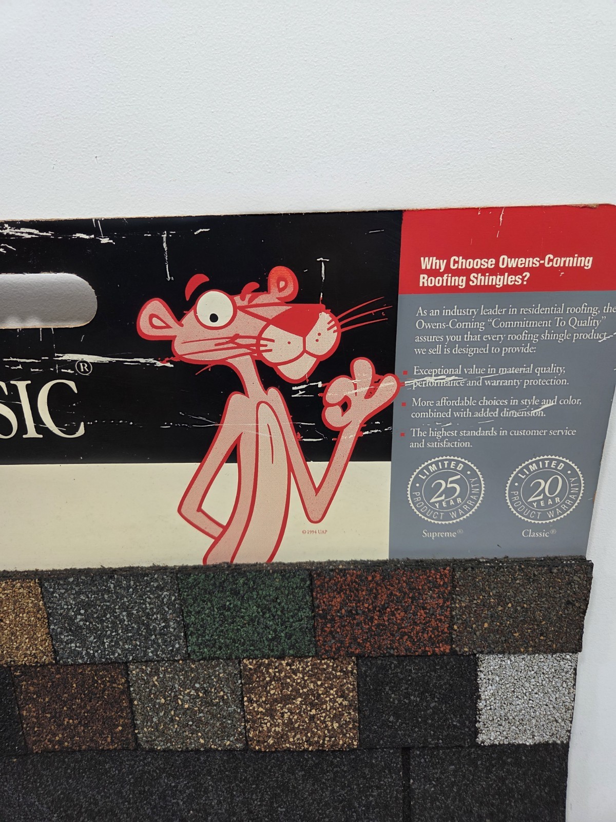 Vintage Salesman Sample Shingles Roofing Display Pink Panther Owens Corning Sign
