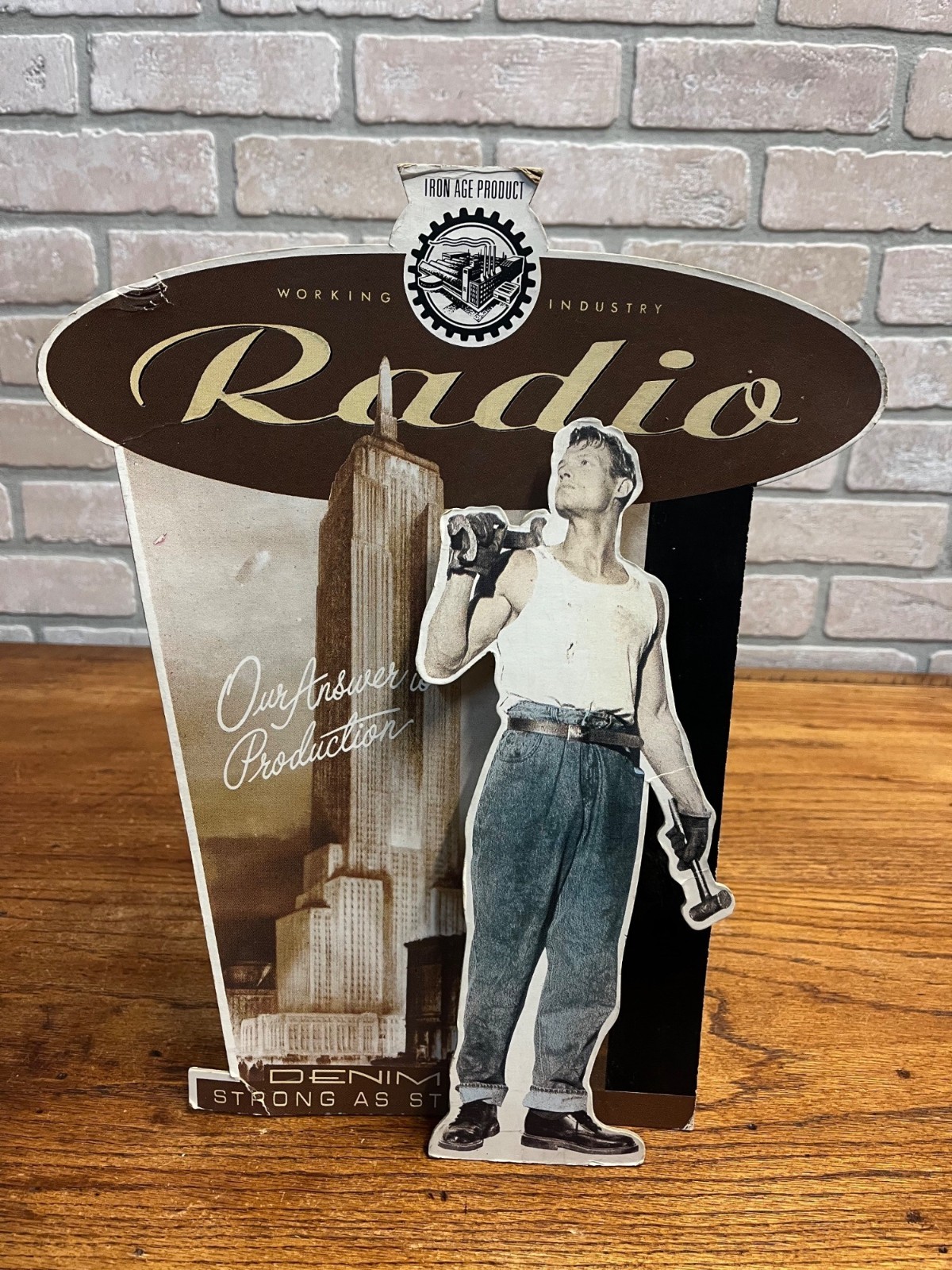 Vintage 90s Iron Age Radio Denim Advertisign Workwear Store Display Sign