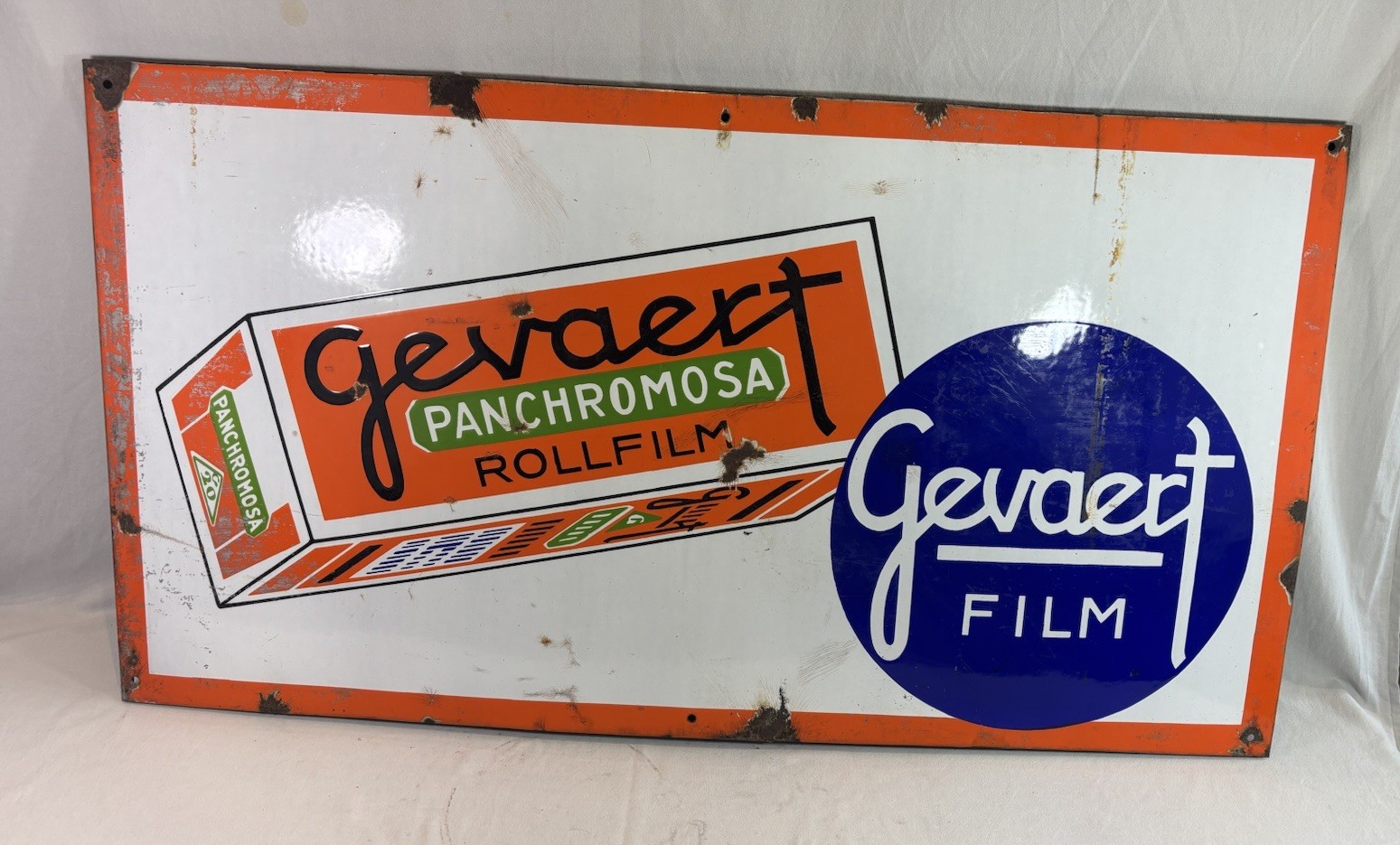 Large ANCIENT ENAMEL SIGN: GEVAERT FILM – PANCHROMOSA 107×57.5cm
