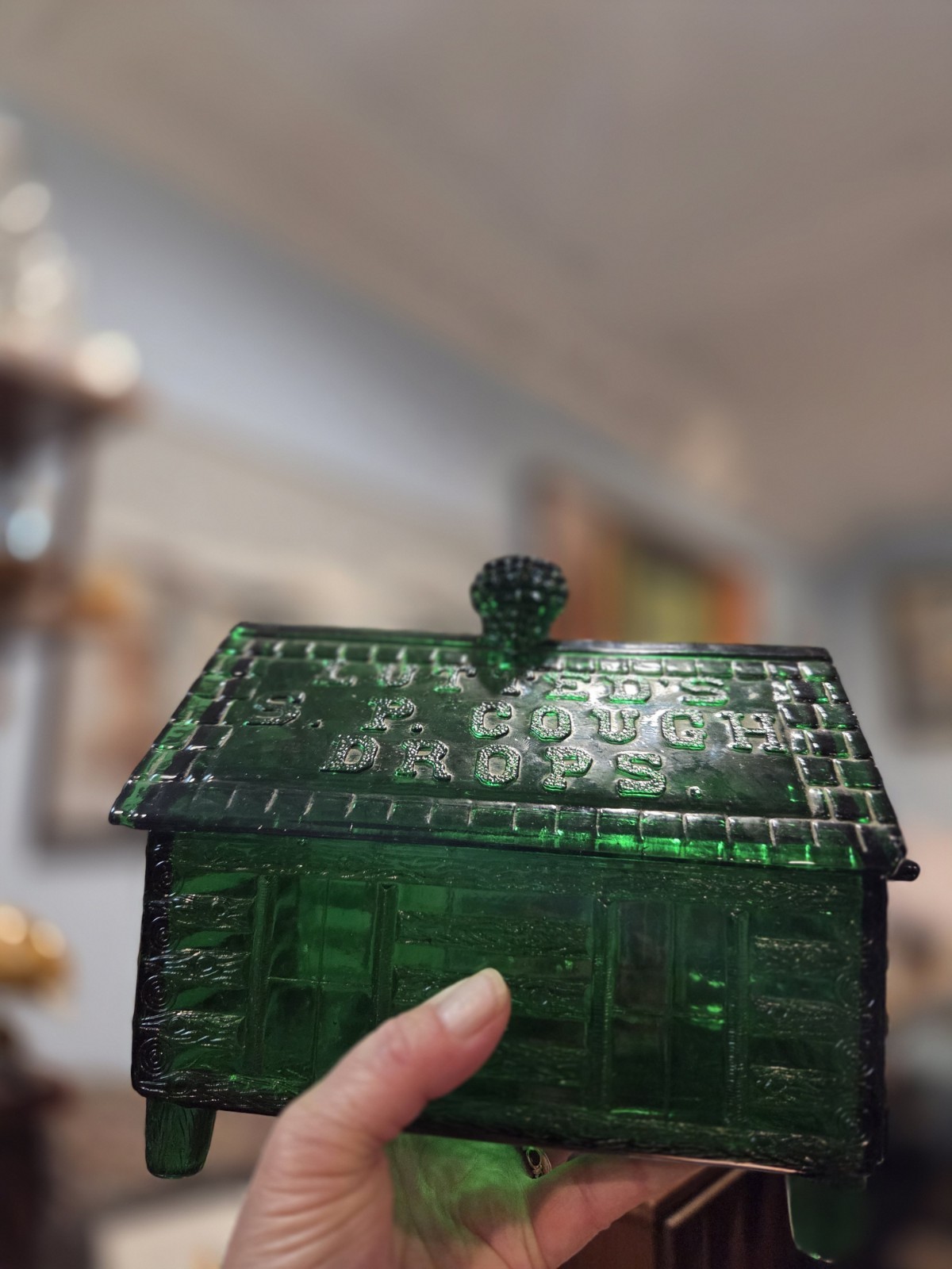 Vintage Green Lutted’s S.P. Cough Drops Log Cabin Jar Candy Dish Store Display