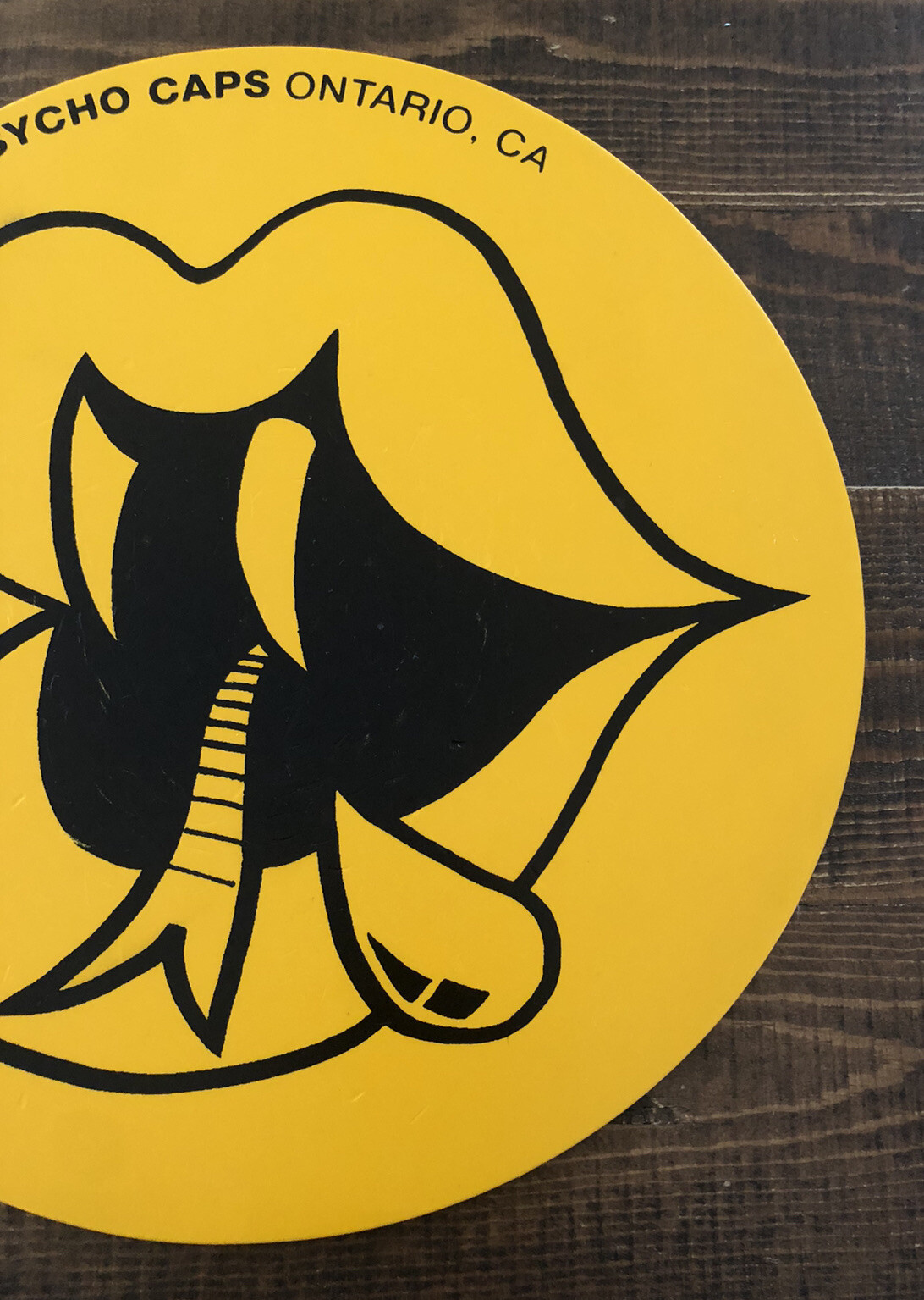 Yellow Psycho Caps Ontario, CA Wood Advertising Store Display – Kiss This