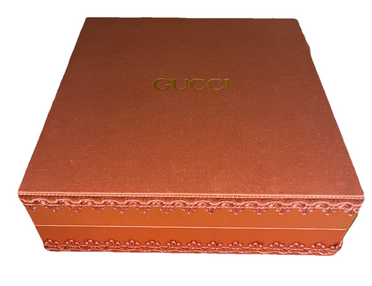 Gucci Gift Box Satin Dusty Rose Green Quilted Lining 10x10x3.5″ NEW