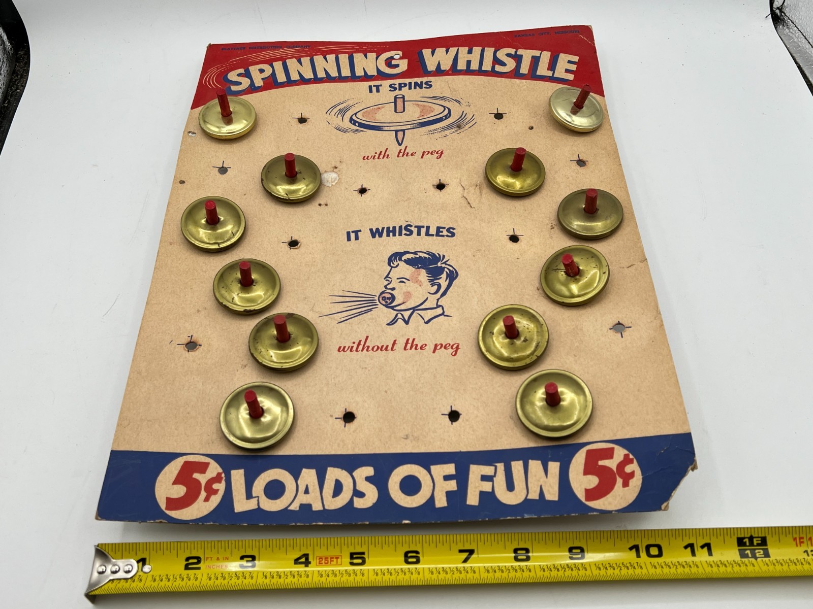 Vintage Plattner 1940’s Spinning Whistle Store Display Card w/ 12 Spinning Tops