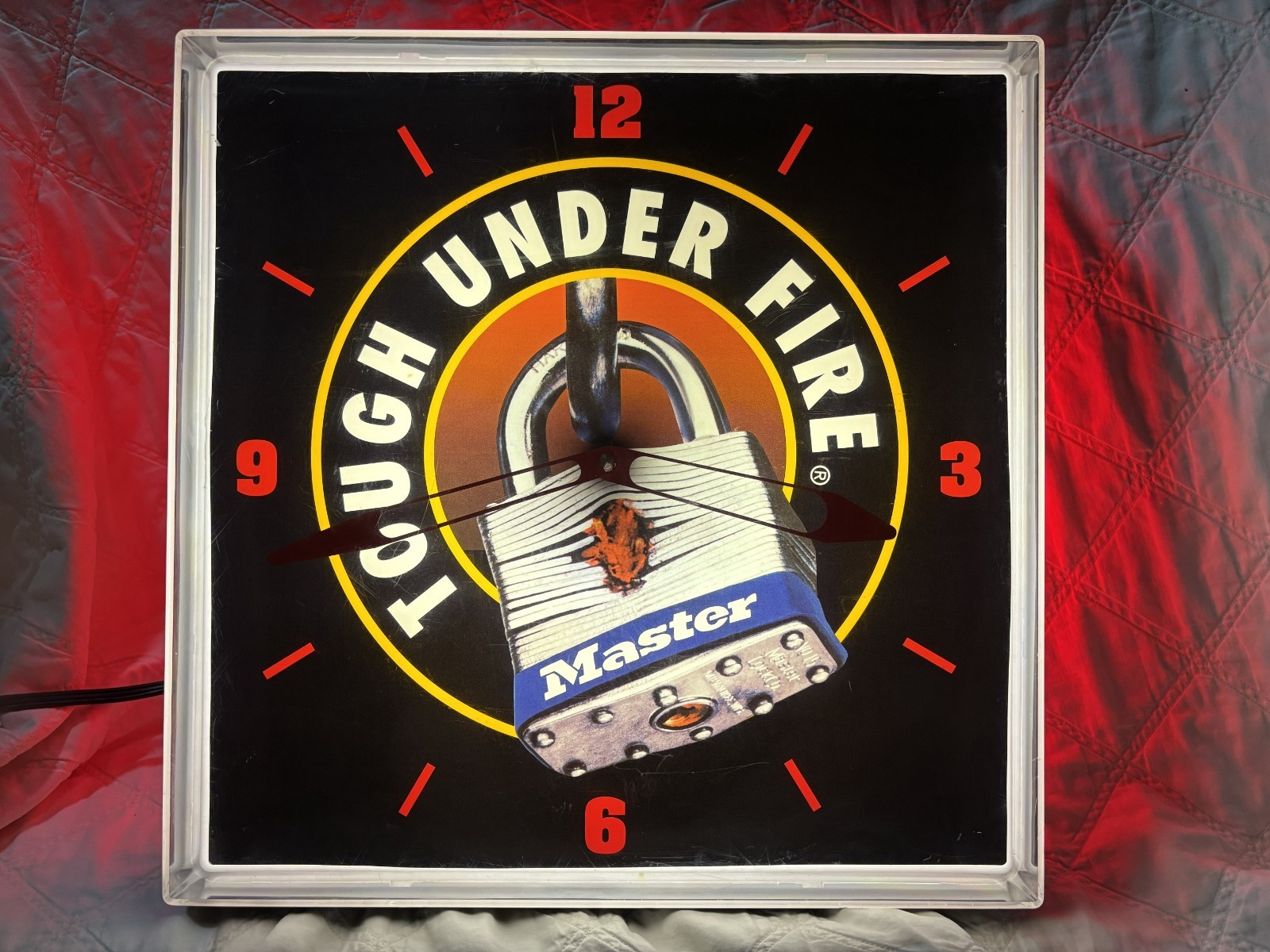 Vintage Master Lock Illuminated Clock Sign Lighted Store Display Tough Under Fir