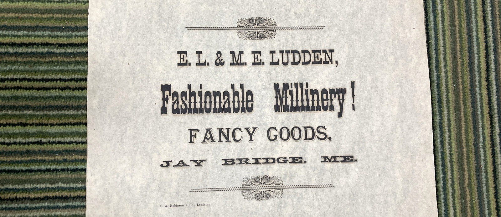 Antique general store wrapping paper Ludden Millinery Fancy Goods Maine 1900