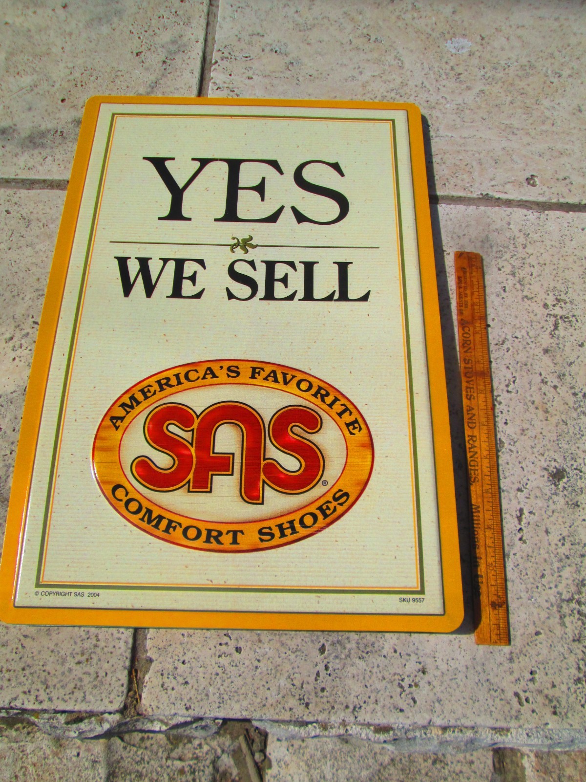Vtg 2004 Tin Metal Yes We Sell SAS Shoe Sign 18″ X 12″ 2-Sided Sidewalk Stand