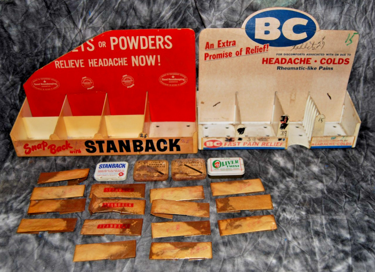 Vintage Stanback BC Powder Store Display Box Lot 15 Full Packets Antique Tins