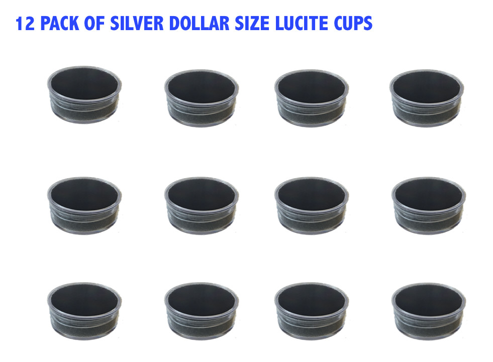 (12) Silver Dollar Size Plastic Lucite Cups with Black Foam for Buttons, Coins