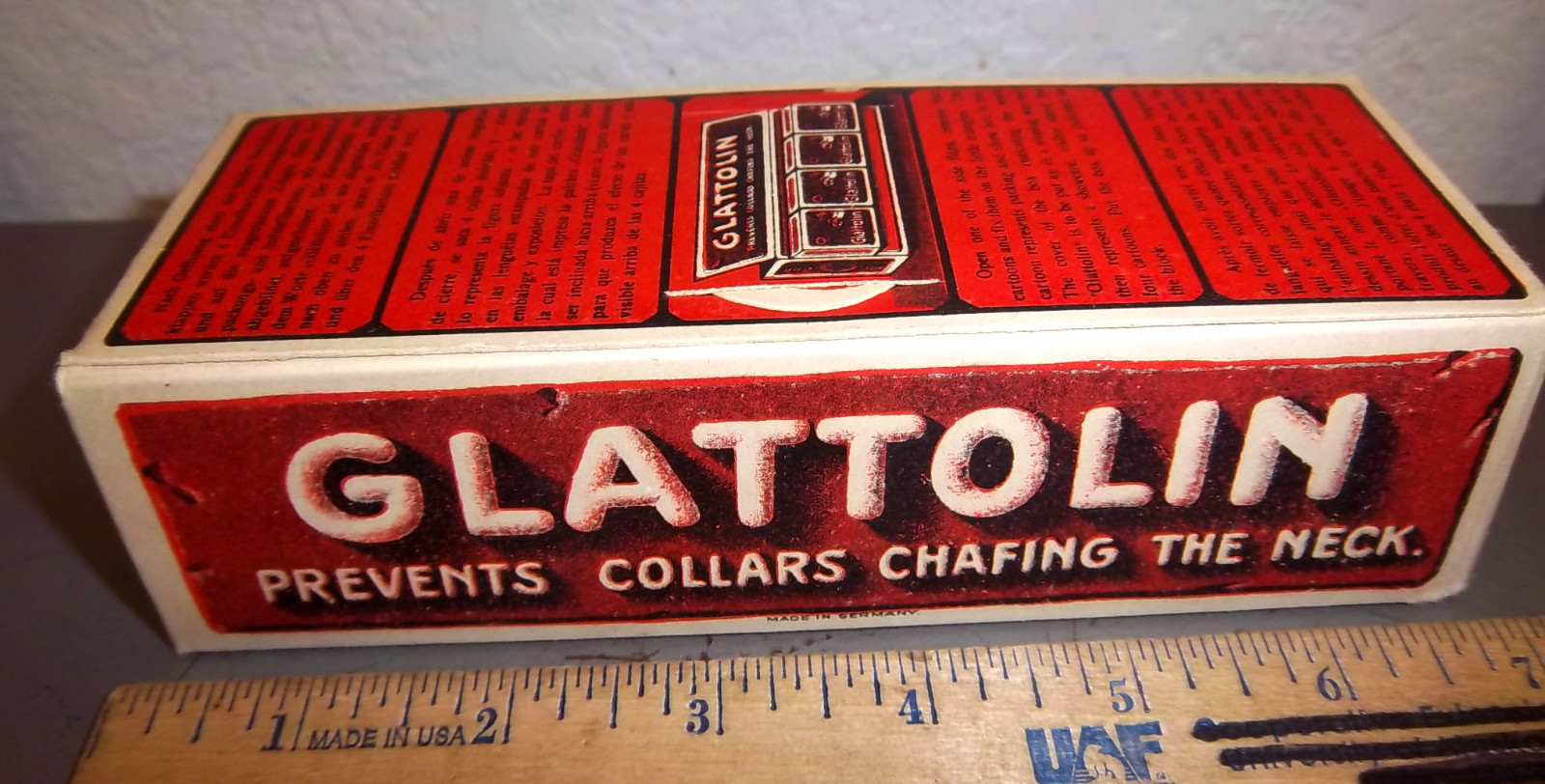 1910s store display box of 12 individual boxes of GLATTOLIN Collar chafing wax