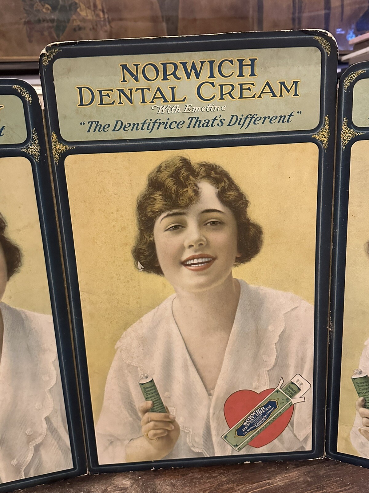 NORWICH DENTAL CREAM RARE 1920Ss TRI-FOLD STORE DISPLAY GORGEOUS FEMALE LITHO