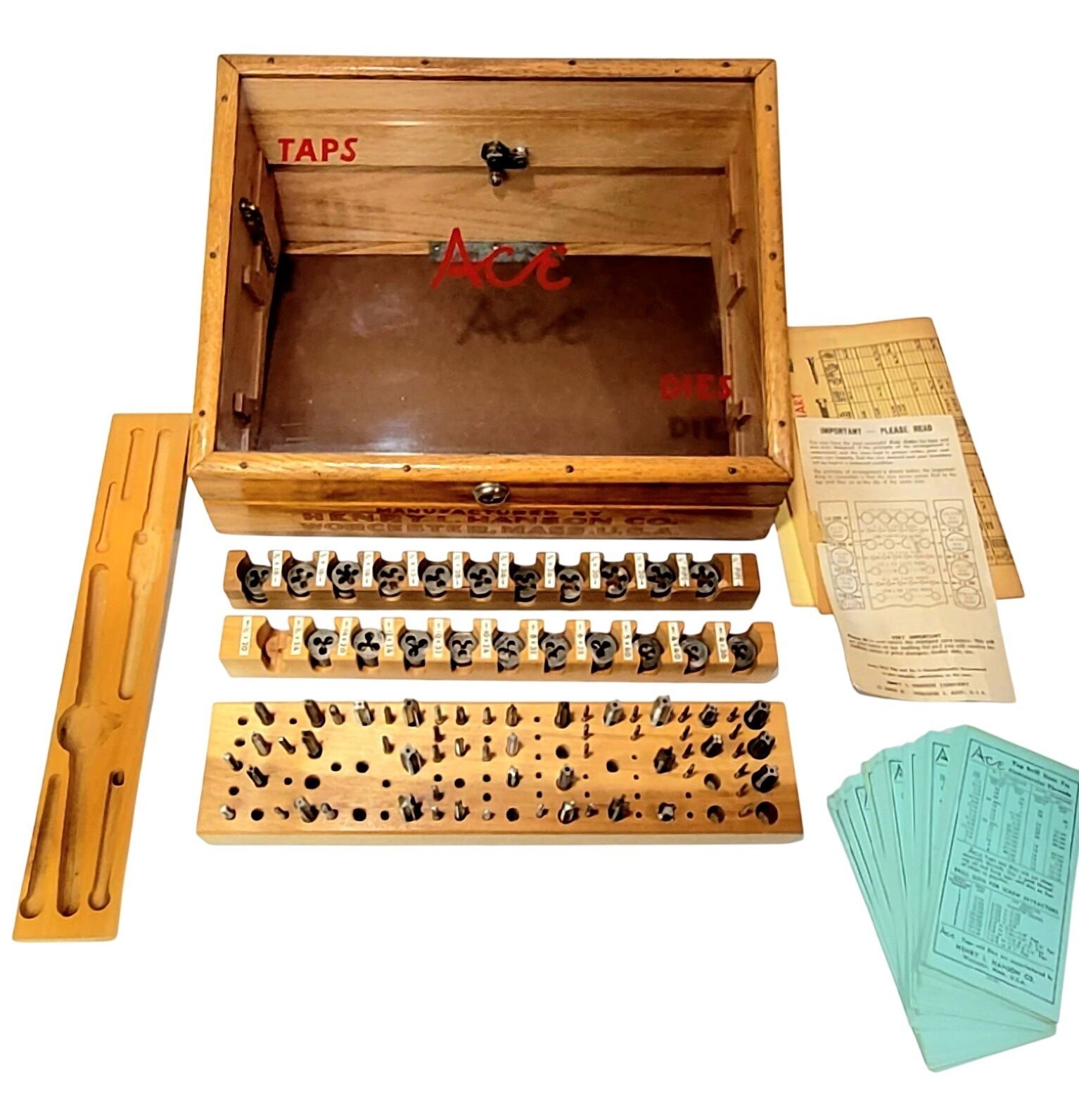 Henry Hanson Ace Original Tap & Die Wood Glass Display Case w/ Taps and Dies