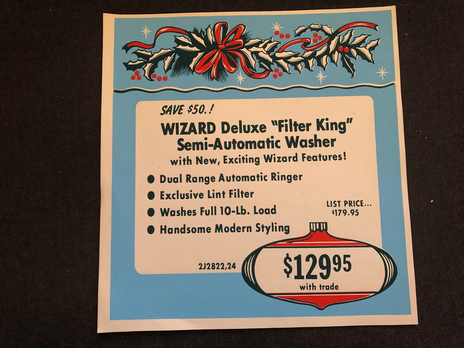 Vintage STORE SIGN Christmas Ornament Holly 1959 WIZARD Deluxe Filter King #5