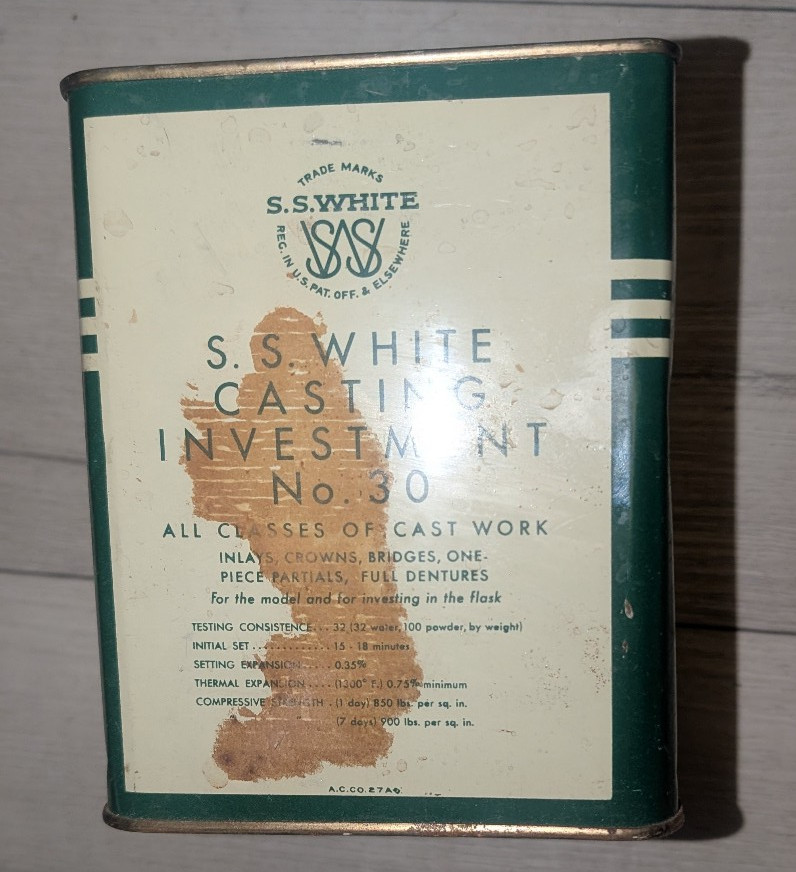 Vintage S.S. White Casting Ivestment No 30 Dental Mfg 3lb in Tin – Advertising