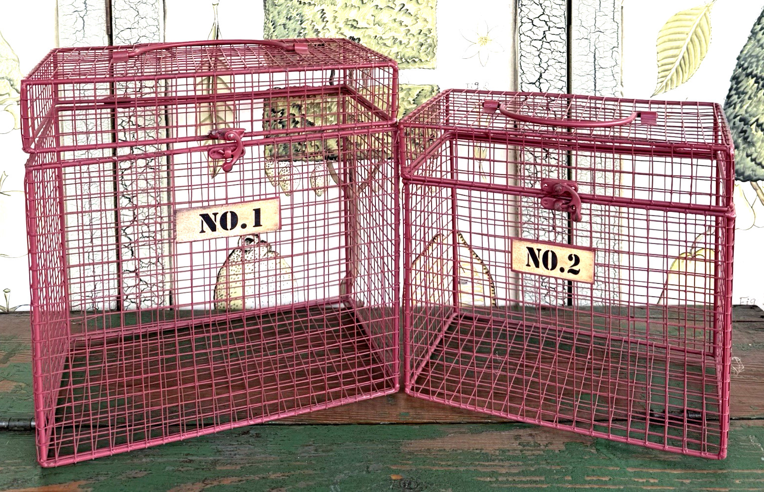 Vintage Pink Metal Wire Cage Crate Industrial Storage Display Box w Number Tags