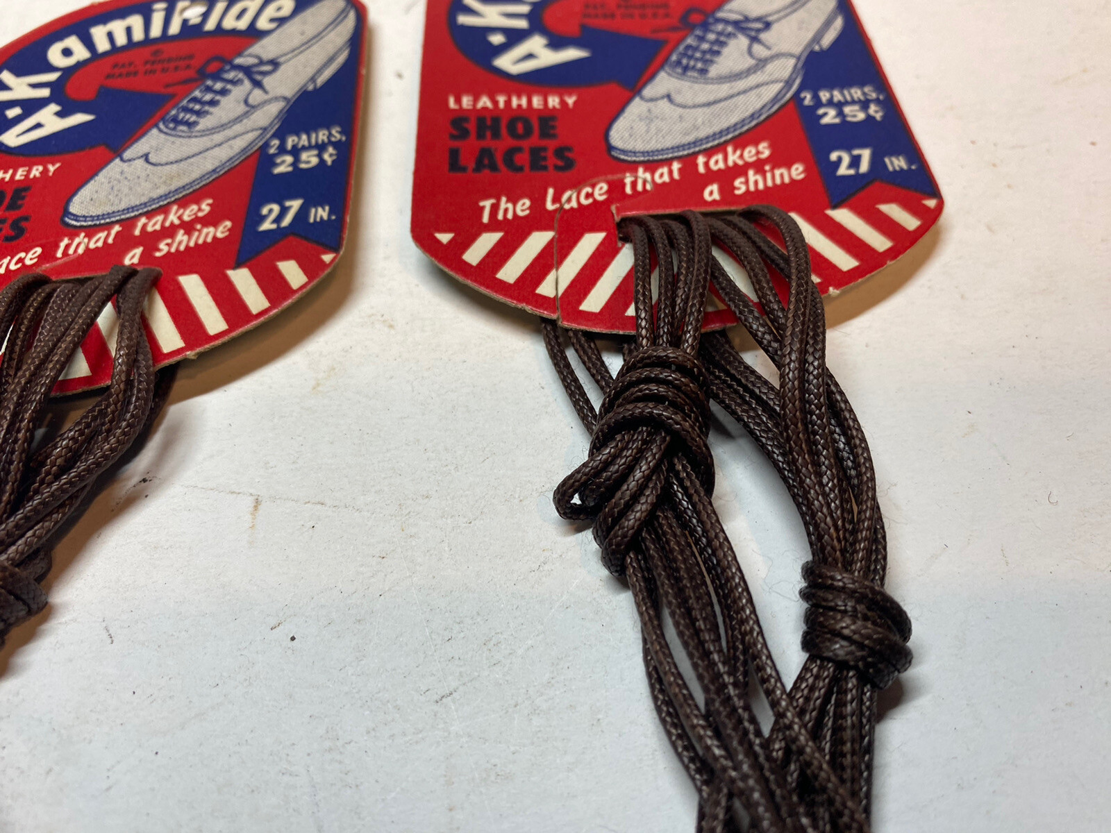 Vintage Lot Of 6 Original A-Kamil-ide Shoe Lace Display Cards w/Brown Laces NOS